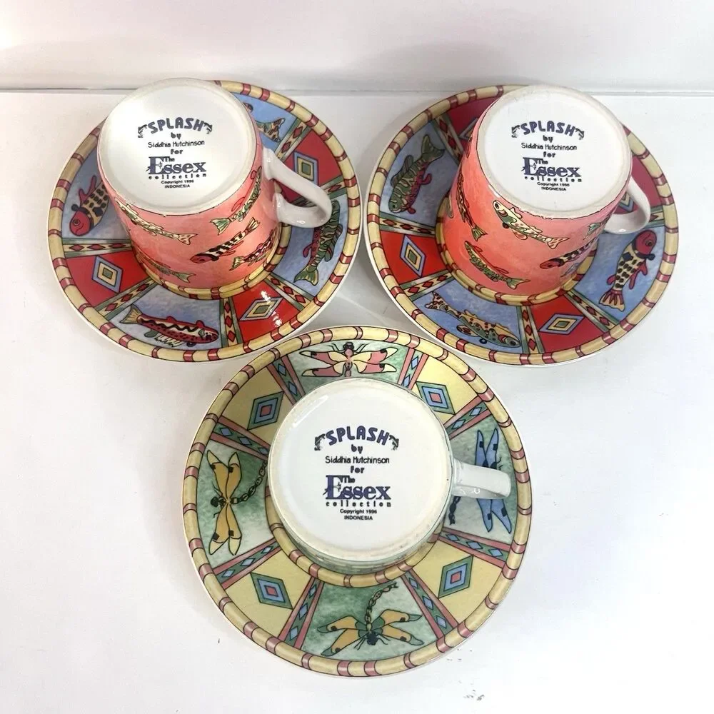 VTG. Essex Collection Splash by Siddhia Hutchinson Demitasse 3 Cup & Saucer Set